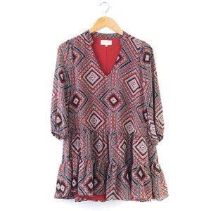 Melloday Red Black Geometric Mosaic Floral Print Peasant Tunic Blouse Top XS